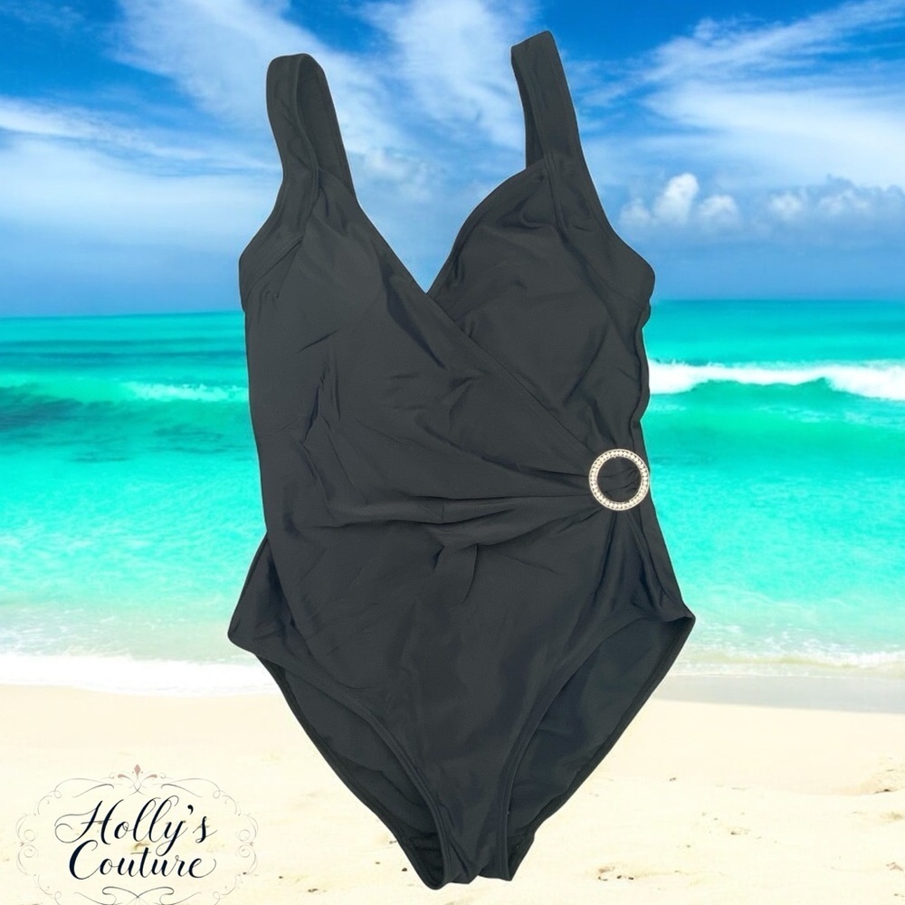 Spiegel black wrap style 1 piece swim bathing suit w/rhinestone detail wms sz 12